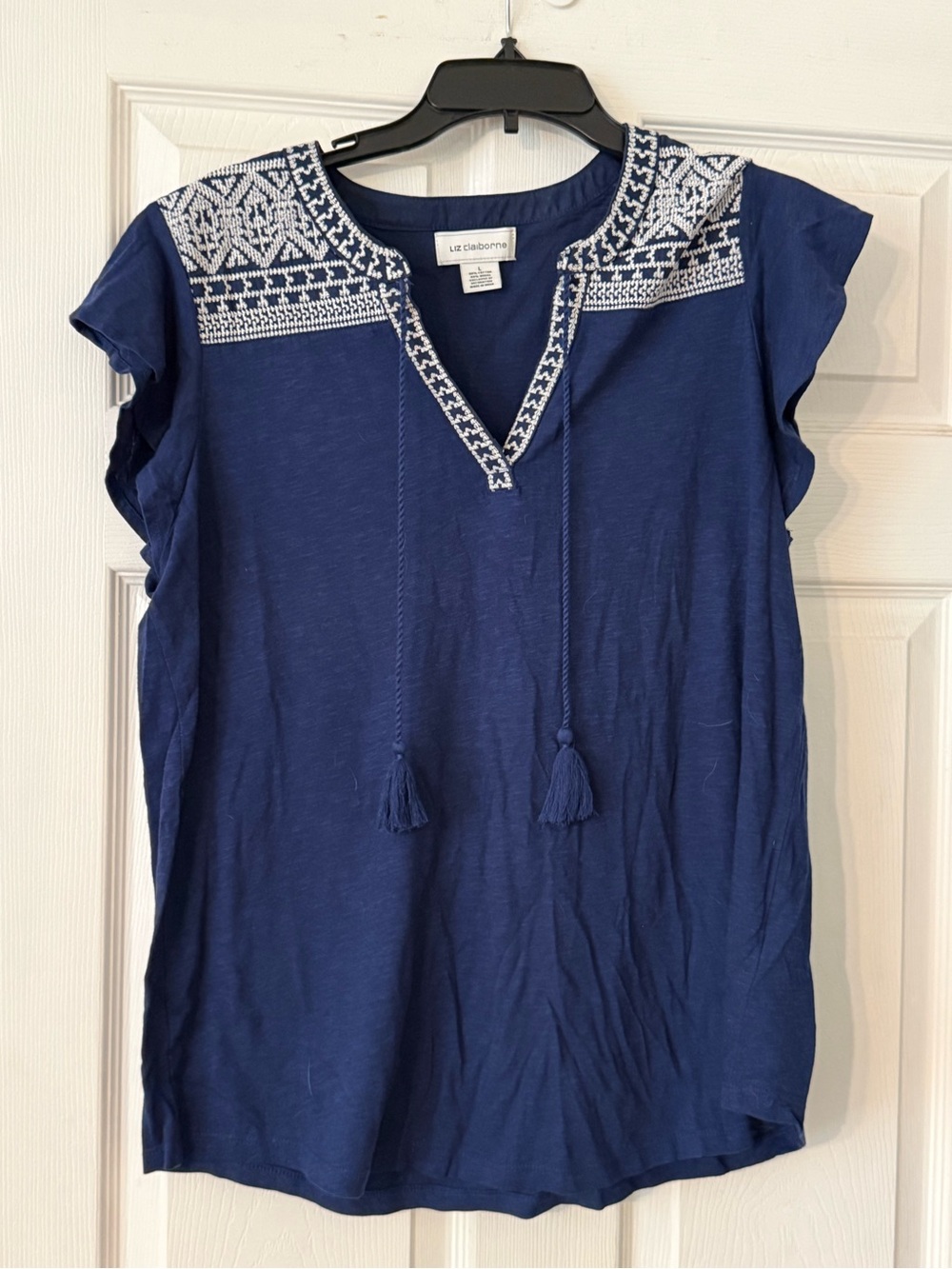 Liz Claiborne Navy Embroidered Tassel V-Neck Tunic